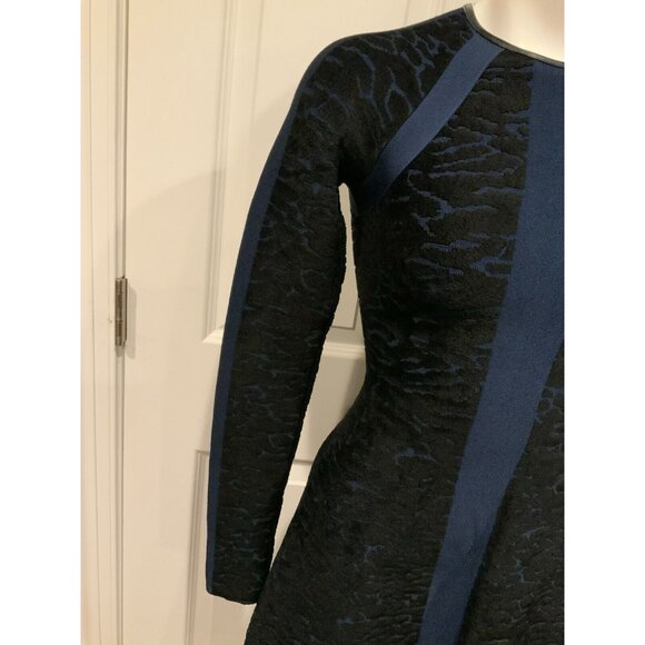 ISSA Dark Blue Velour Textured Patterned Fit & Flare Dress, Size Small - Picture 4 of 11